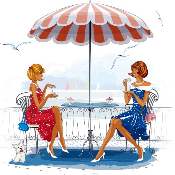 28250597 - two beautiful women sitting at the cafe near the beach